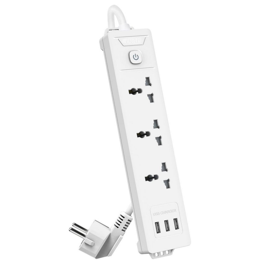 Сетевой  фильтр универсальный Deli ET408 / 3розетки + 3USB ,  2 м