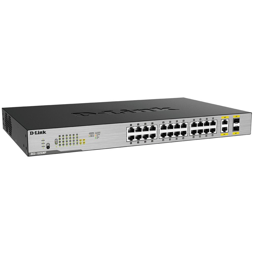 Коммутатор D-Link DGS-1026MP/B2A Неуправляемый коммутатор с 24 портами 10/100/1000Base-T, 2 комбо-портами 100/1000Base-T/SFP (24 порта PoE 802.3af/at, PoE-бюджет 370 Вт)