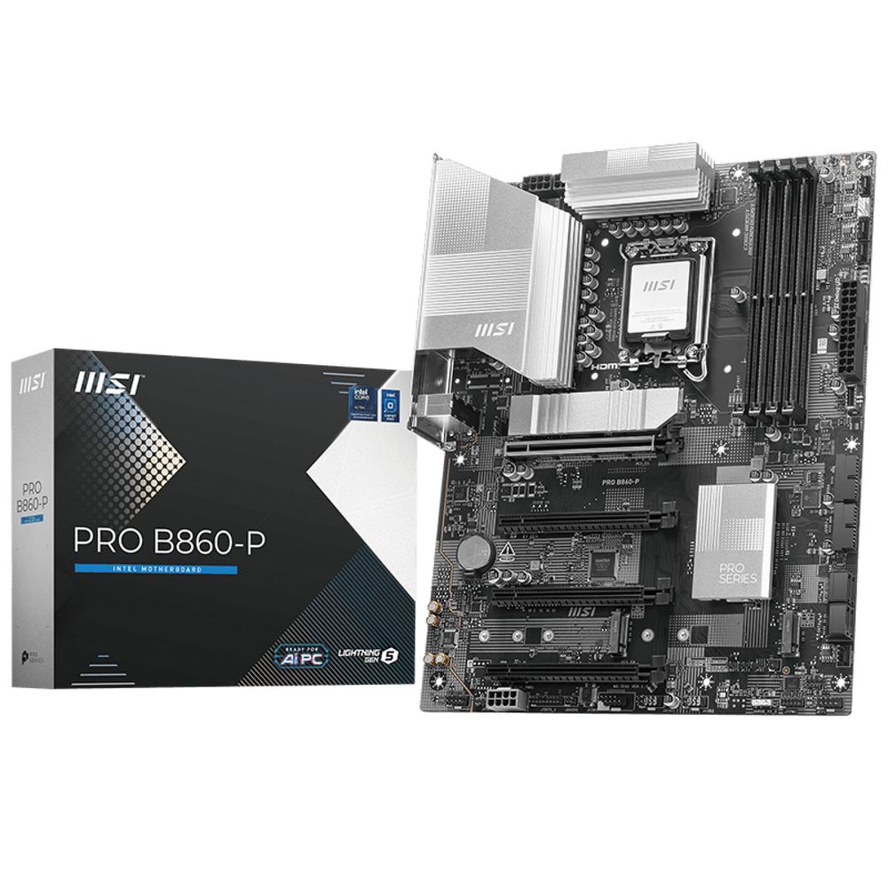 Материнская плата MSI PRO B860-P B860, LGA1851, 4*DDR5, 4*PCIEx16, 3*M.2, 1*TypeC, 2*USB3.2Gen2, 6*USB3.2Gen1, 8*USB2.0, 4*SATA3.0, 5G, Type-C(DP), DP, HDMI, ATX, RTL
