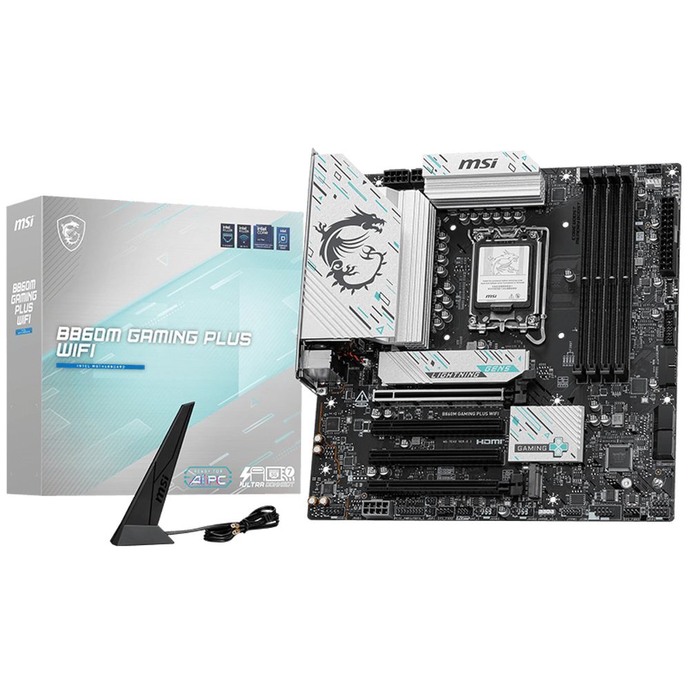 Материнская плата MSI B860M GAMING PLUS WIFI B860, LGA1851, 4*DDR5, 4*PCIEx16, 3*M.2, 1*TypeC, 1*USB3.2Gen2, 5*USB3.2Gen1, 6*USB2.0, 4*SATA3.0, 5G, Type-C(DP), DP, HDMI, M-ATX, RTL