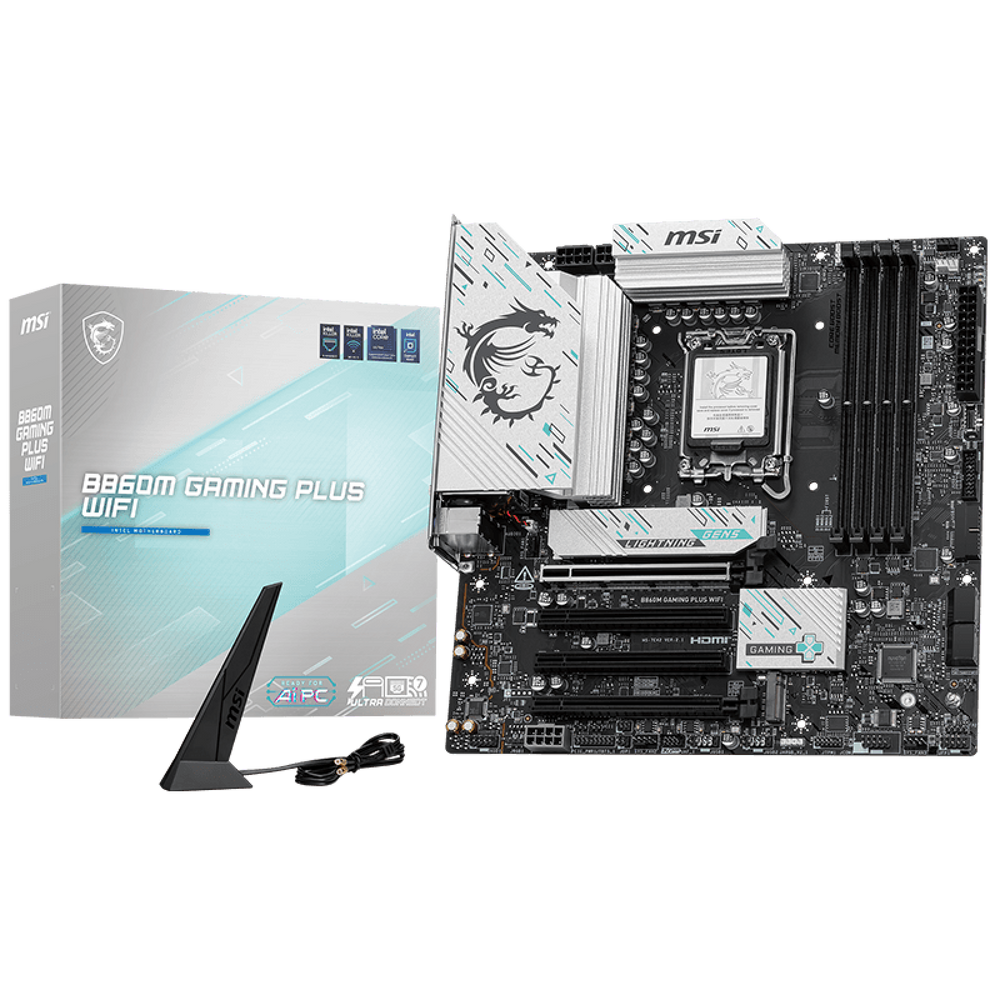 Материнская плата MSI B860M GAMING PLUS WIFI B860, LGA1851, 4*DDR5, 4*PCIEx16, 3*M.2, 1*TypeC, 1*USB3.2Gen2, 5*USB3.2Gen1, 6*USB2.0, 4*SATA3.0, 5G, Type-C(DP), DP, HDMI, M-ATX, RTL