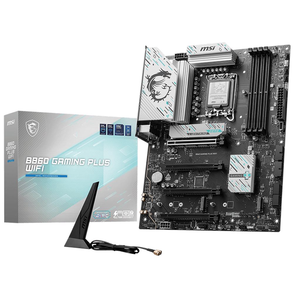Материнская плата MSI B860 GAMING PLUS WIFI B860, LGA1851, 4*DDR5, 4*PCIEx16, 3*M.2, 1*TypeC, 2*USB3.2Gen2, 6*USB3.2Gen1, 8*USB2.0, 4*SATA3.0, 5G, Type-C(DP), DP, HDMI, ATX, RTL