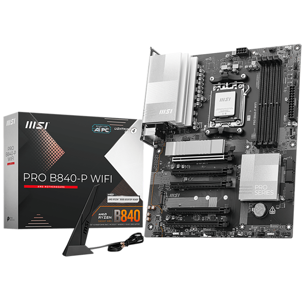 Материнская плата MSI PRO B840-P WIFI B840, AM5, 4*DDR5, 5*PCIEx16, 2*M.2, 2*TypeC, 1*USB3.2Gen2, 4*USB3.2Gen1, 8*USB2.0, 4*SATA3.0, 2.5G, HDMI, ATX, RTL