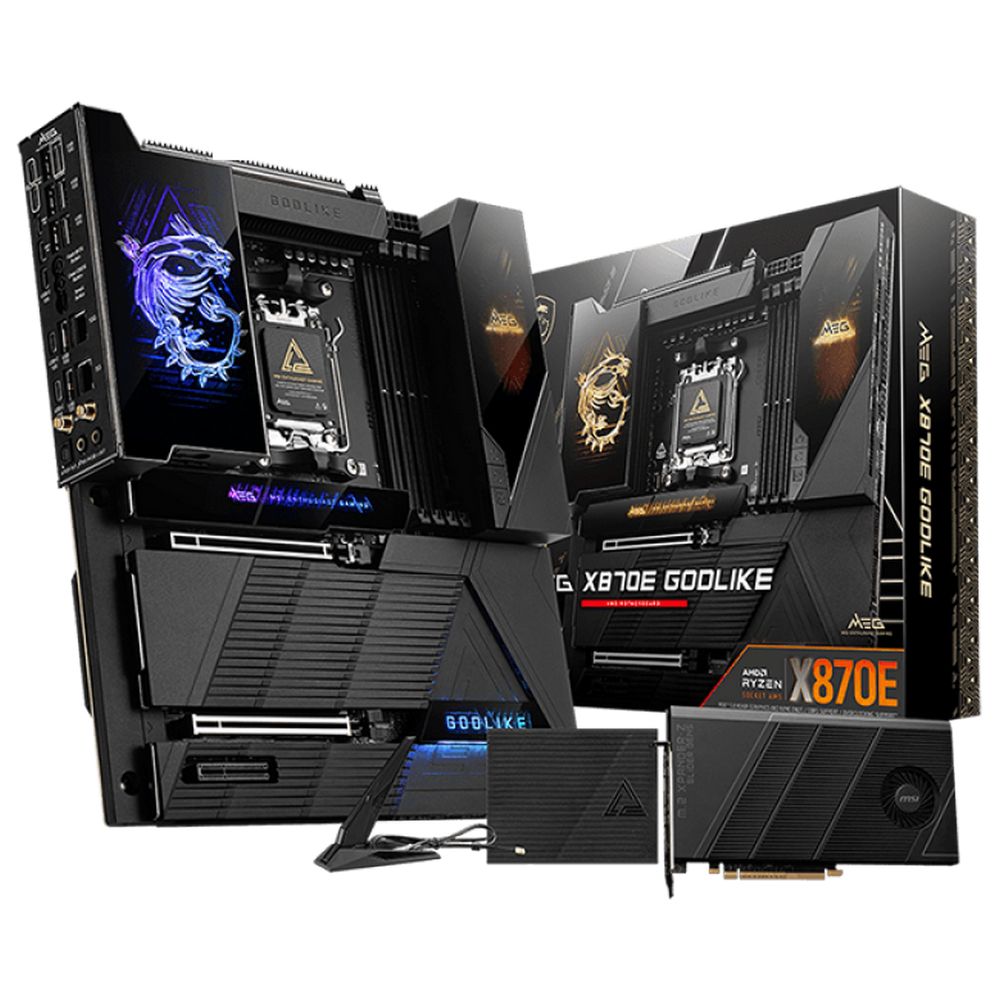 Материнская плата MSI MEG X870E GODLIKE X870E, AM5, 4*DDR5, 2*PCIEx16, 1*PCIEx4, 7*M.2, 7*TypeC, 8*USB3.2Gen2, 4*USB3.2Gen1, 4*USB2.0, 4*SATA3.0, 10G, 5G, 2*Type-C(DP), E-ATX, RTL