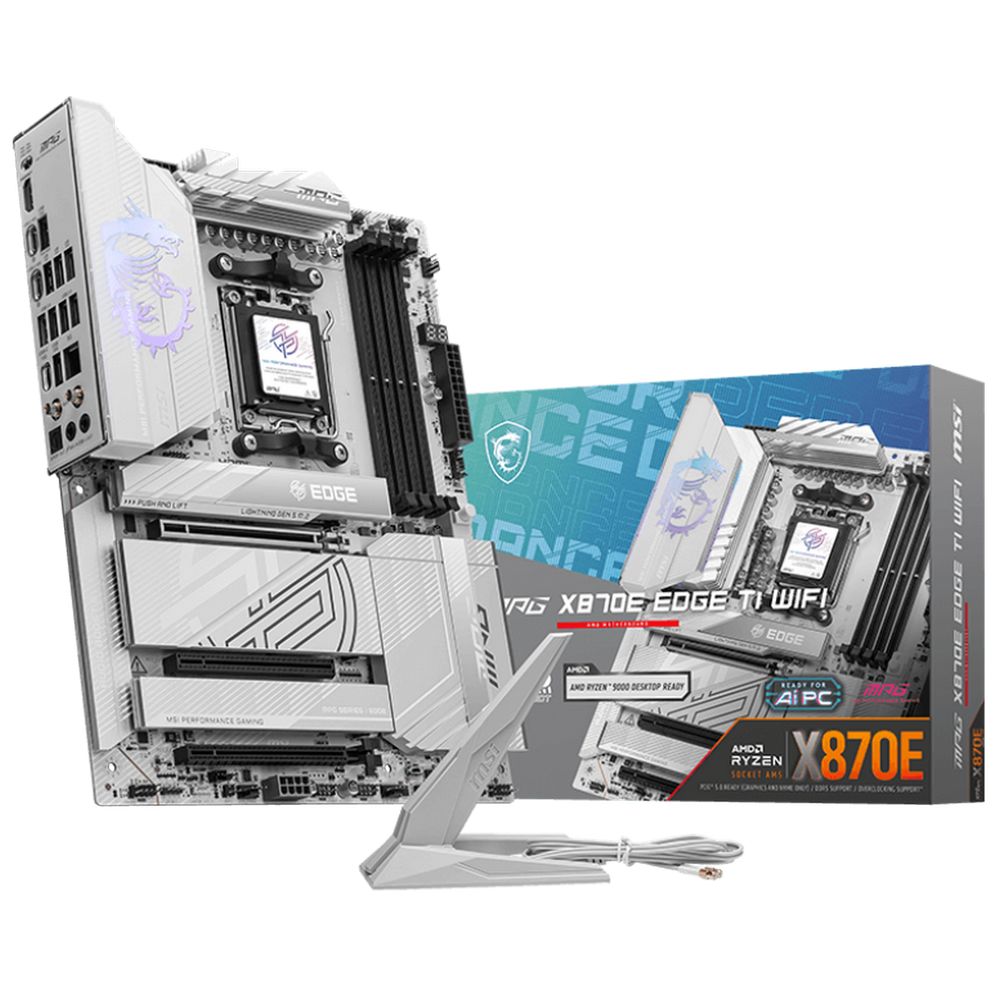 Материнская плата MSI MPG X870E EDGE TI WIFI X870E, AM5, 4*DDR5, 3*PCIEx16, 4*M.2, 3*TypeC, 5*USB3.2Gen2, 4*USB3.2Gen1, 4*USB2.0, 4*SATA3.0, 5G, 2*Type-C(DP), HDMI, ATX, RTL