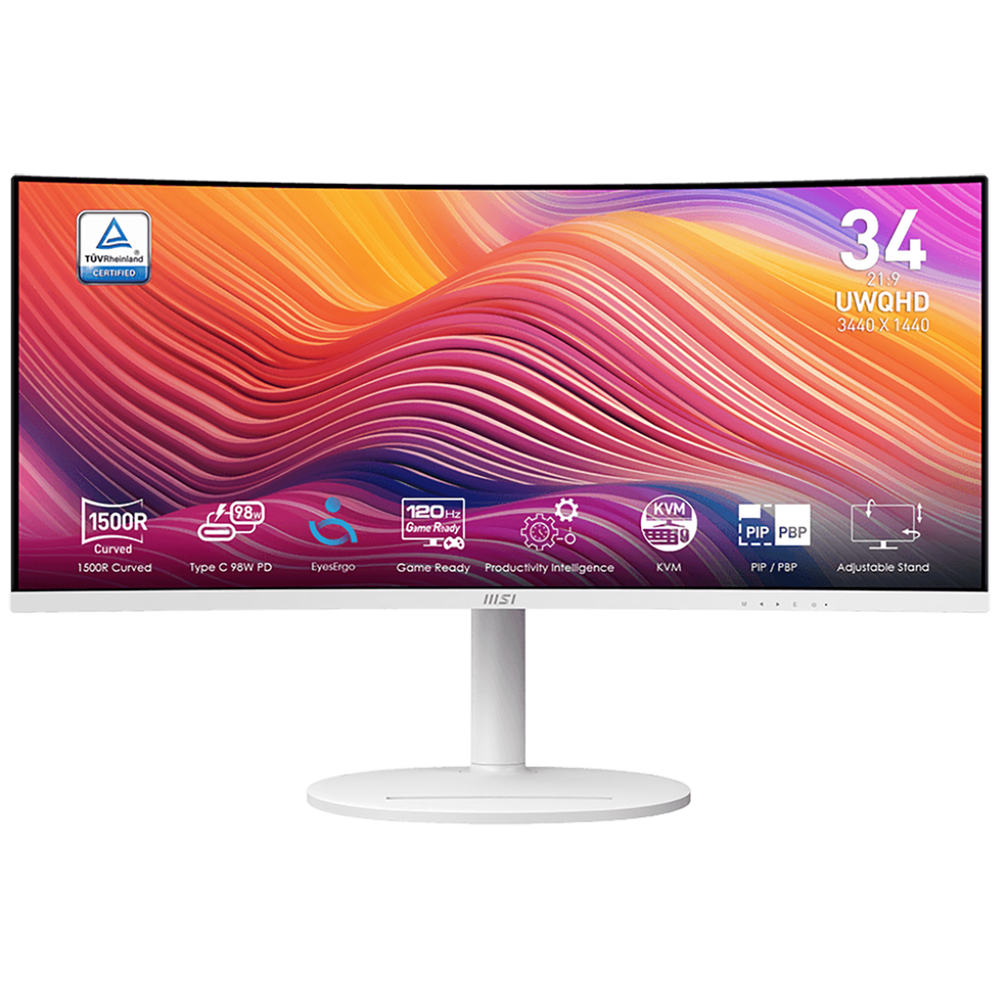 Монитор 34" MSI Modern MD342CQPW Curved VA, 3440x1440, 120Hz, 4ms, 300сd/m, 3500:1, HDR | 2xHDMI(2.0b), DP(1.4a), Type-C(PD-98W), 2xUSB3.2 | HAS, Swivel, ExPSU, , Vesa 75, White
