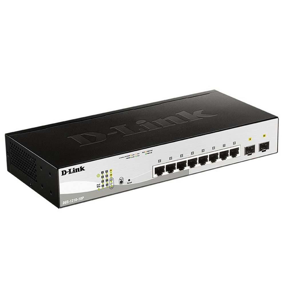 Коммутатор D-Link DGS-1210-10P/FL2A Управляемый L2 коммутатор с 8 портами 10/100/1000Base-T и 2 портами 1000Base-X SFP (8 портов PoE 802.3af/at, PoE бюджет 65 Вт)