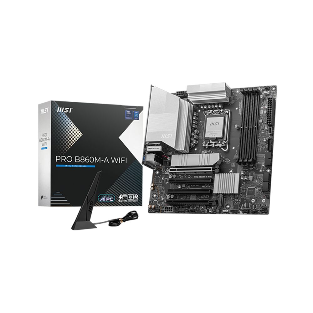 Материнская плата MSI PRO B860M-A WIFI B860, LGA1851, 4*DDR5, 4*PCIEx16, 3*M.2, 2*TypeC, 1*USB3.2Gen2, 6*USB3.2Gen1, 6*USB2.0, 4*SATA3.0, 5G, Type-C(DP), DP, HDMI, M-ATX, RTL