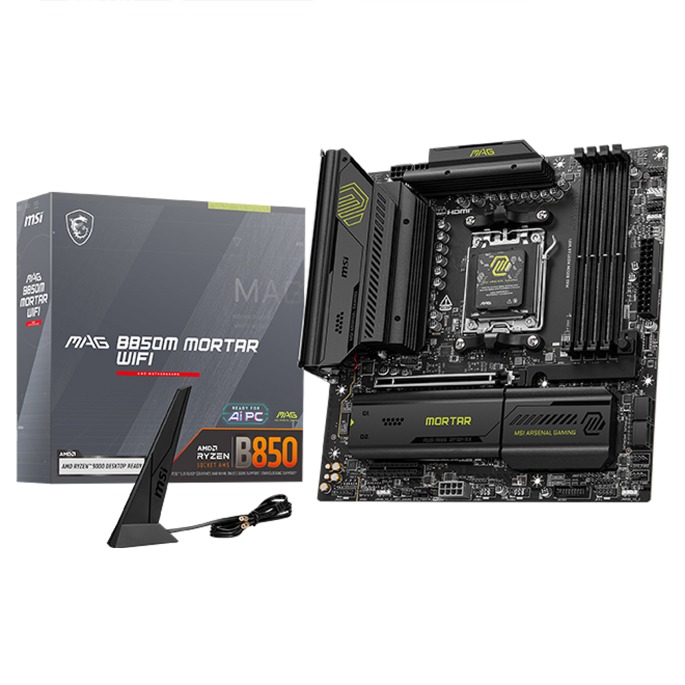 Материнская плата MSI MAG B850M MORTAR WIFI B850, AM5, 4*DDR5, 1*PCIEx16, 1*PCIEx4, 3*M.2, 3*TypeC, 3*USB3.2Gen2, 6*USB3.2Gen1, 4*USB2.0, 4*SATA3.0, 5G, HDMI, M-ATX, RTL