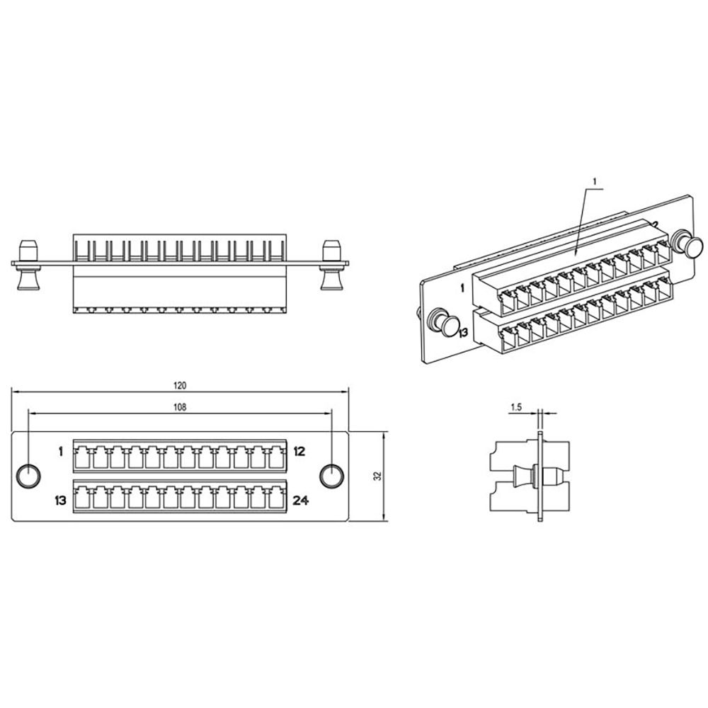 Панель Hyperline FO-FPM-W120H32-24LC-BL  для FO-19BX с 24 LC адаптерами, 24 волокна, одномод OS1/OS2, 120x32 мм, адаптеры цвета синий (blue)