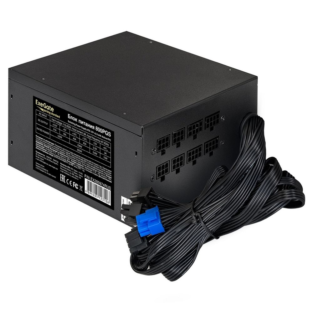 Блок питания 800W ExeGate Gaming Standard 800PGS (ATX, APFC, КПД 80% (80 PLUS), 14cm fan, 24pin, 2x(4+4)pin, 6xPCI-E, 8xSATA, 4xIDE, Cable Management, black, RTL)