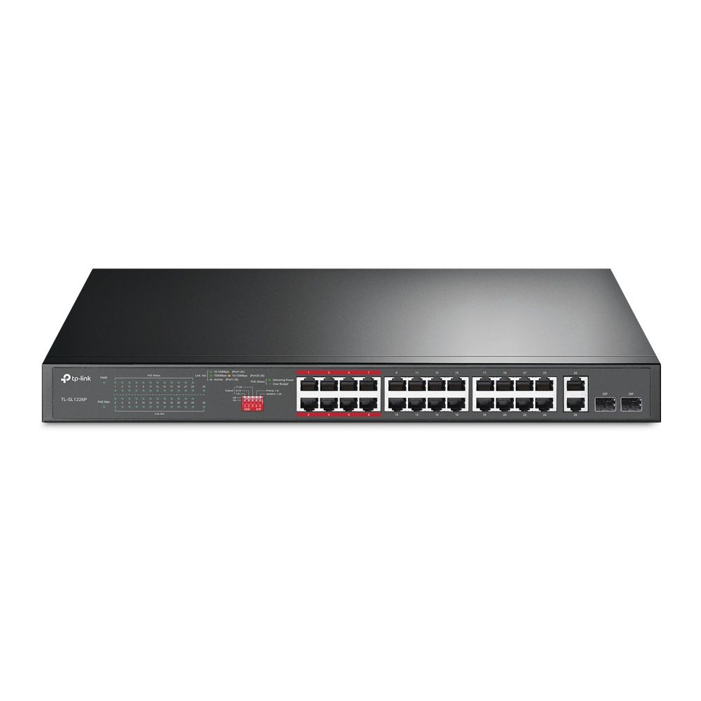 Коммутатор TP-LINK Bad Pack TL-SL1226P 24-портовый 10/100 Мбит/с неуправляемый коммутатор PoE+ с 2 комбо Uplink-портами RJ-45/SFP, металлический корпус, установка в стойку, 24 порта PoE+ стандарта 802.3af/at, 2 гигабитных комбо Uplink-порта RJ-45/SFP (089443) {6}