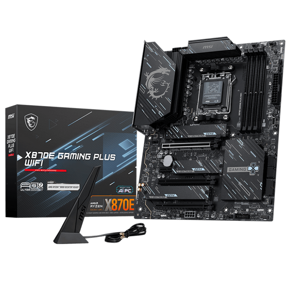 Материнская плата MSI X870E GAMING PLUS WIFI X870E, AM5, 4*DDR5, 3*PCIEx16, 1*PCIEx1, 3*M.2, 2*TypeC, 2*USB3.2Gen2, 6*USB3.2Gen1, 10*USB2.0, 4*SATA3.0, 5G, 1*Type-C(DP), HDMI, ATX, RTL