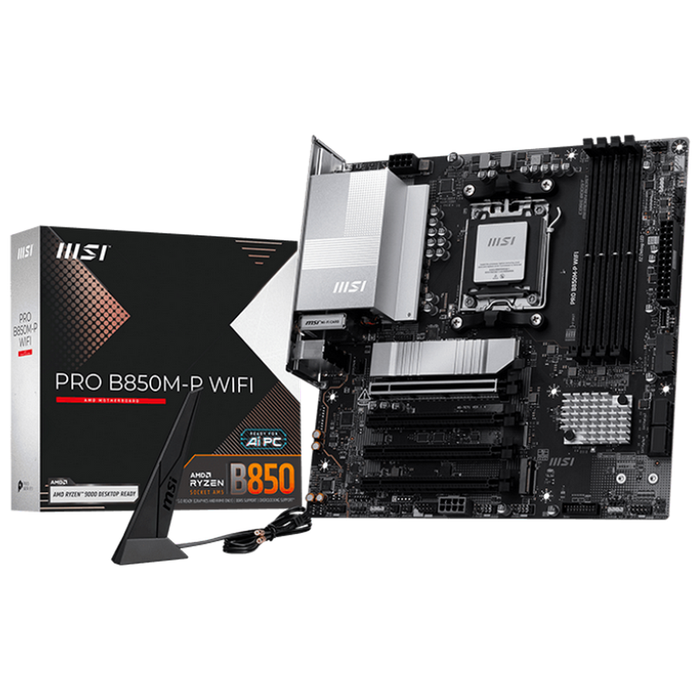 Материнская плата MSI PRO B850M-P WIFI B850, AM5, 4*DDR5, 4*PCIEx16, 3*M.2, 3*TypeC, 1*USB3.2Gen2, 5*USB3.2Gen1, 8*USB2.0, 4*SATA3.0, 5G, HDMI, ATX, RTL