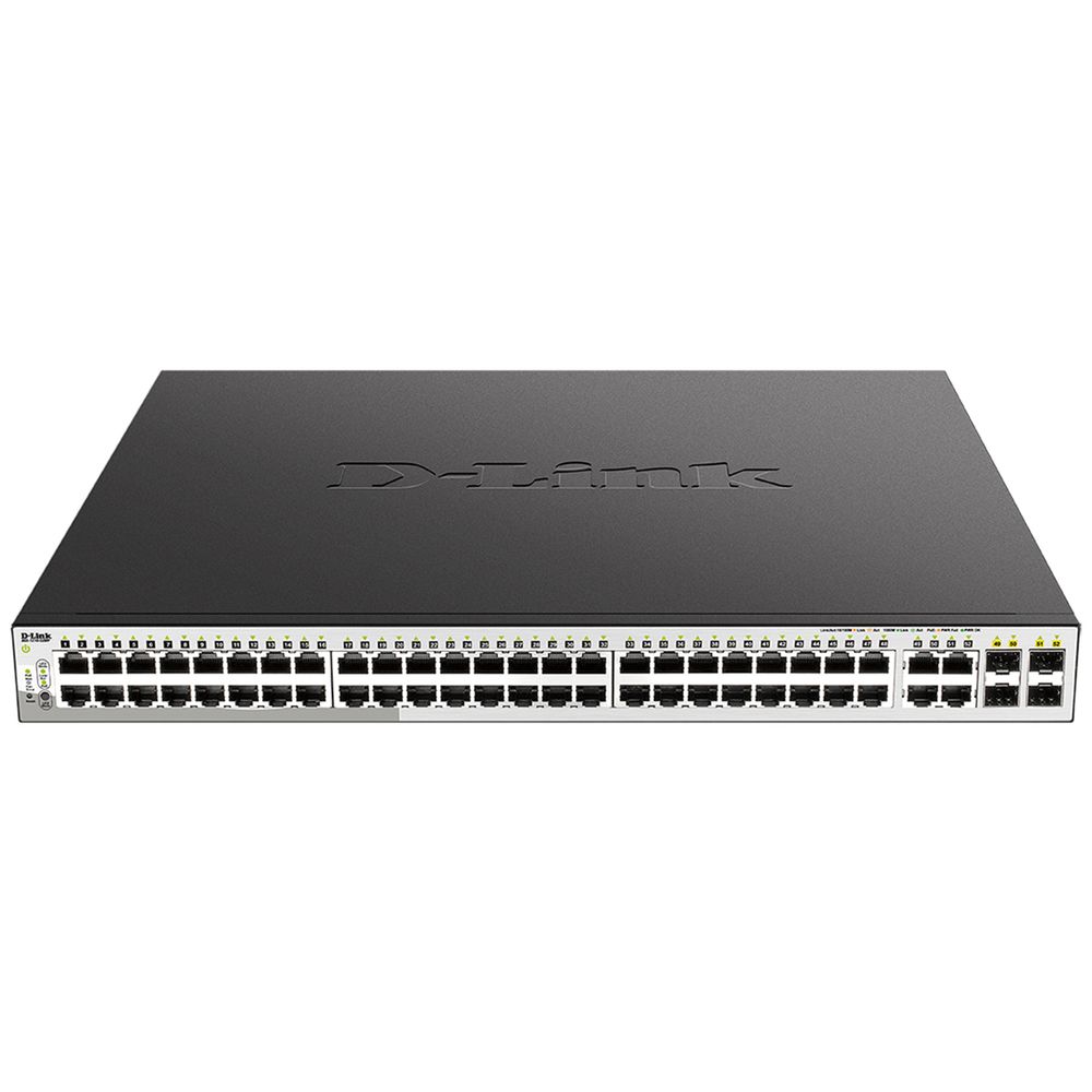 Коммутатор D-Link DGS-1210-52MP/F4A Настраиваемый L2 коммутатор с 48 портами 10/100/1000Base-T и 4 комбо-портами 100/1000Base-T/SFP (48 портов PoE 802.3af/at, PoE-бюджет 370 Вт)