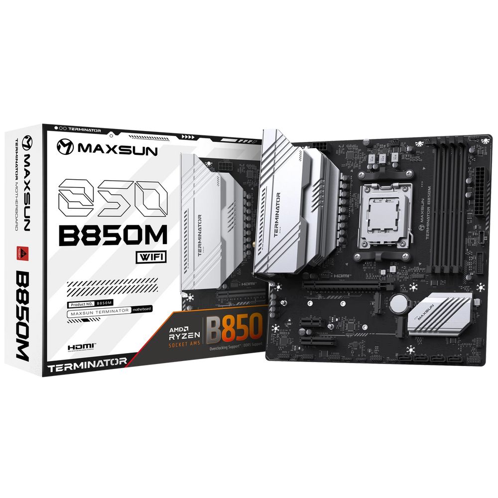 Материнская плата Maxsun MS-Terminator B850M WIFI B850, AM5, 4*DDR5, 1*PCIEx16, 1*PCIEx4, 1*PCIEx1, 2*M.2, 2*TypeC, 6*USB3.2Gen1, 6*USB2.0, 4*SATA3.0, 2.5G, DP, HDMI, M-ATX, RTL