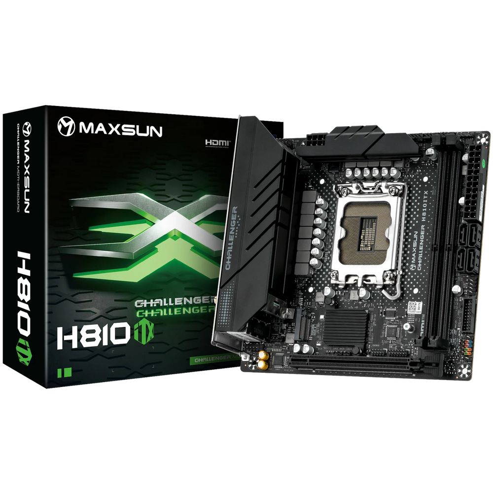 Материнская плата Maxsun MS-Challenger H810ITX WIFI B860, LGA1851, 2*DDR5, 1*PCIEx16, 2*M.2, 4*USB3.2Gen2, 4*USB3.2Gen1, 4*USB2.0, 4*SATA3.0, 1G, DP, HDMI, Mini-ITX, RTL