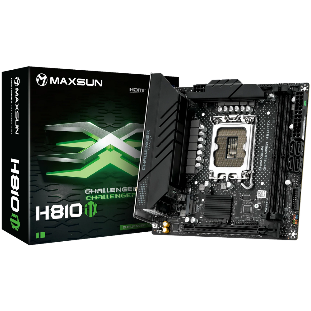 Материнская плата Maxsun MS-Challenger H810ITX WIFI B860, LGA1851, 2*DDR5, 1*PCIEx16, 2*M.2, 4*USB3.2Gen2, 4*USB3.2Gen1, 4*USB2.0, 4*SATA3.0, 1G, DP, HDMI, Mini-ITX, RTL