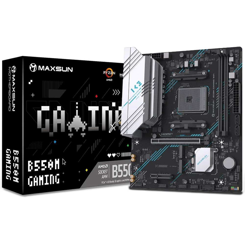 Материнская плата Maxsun MS-B550M GAMING WIFI B550, AM4, 2*DDR4, 1*PCIEx16, 1*PCIEx4, 1*PCIEx1, 2*M.2, 4*USB3.2Gen1, 6*USB2.0, 2*SATA3.0, 1G, DP, HDMI, M-ATX, RTL
