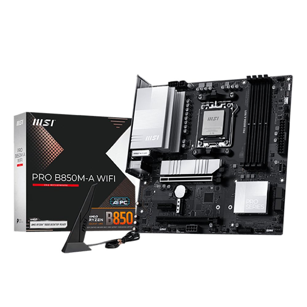Материнская плата MSI PRO B850M-A WIFI B850, AM5, 4*DDR5, 2*PCIEx16, 1*PCIEx1, 2*M.2, 3*TypeC, 3*USB3.2Gen2, 5*USB3.2Gen1, 4*USB2.0, 4*SATA3.0, 5G, DP, HDMI, M-ATX, RTL