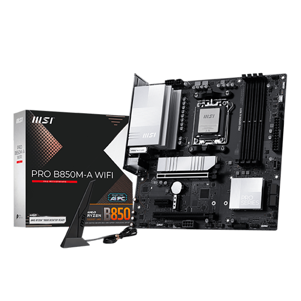 Материнская плата MSI PRO B850M-A WIFI B850, AM5, 4*DDR5, 2*PCIEx16, 1*PCIEx1, 2*M.2, 3*TypeC, 3*USB3.2Gen2, 5*USB3.2Gen1, 4*USB2.0, 4*SATA3.0, 5G, DP, HDMI, M-ATX, RTL
