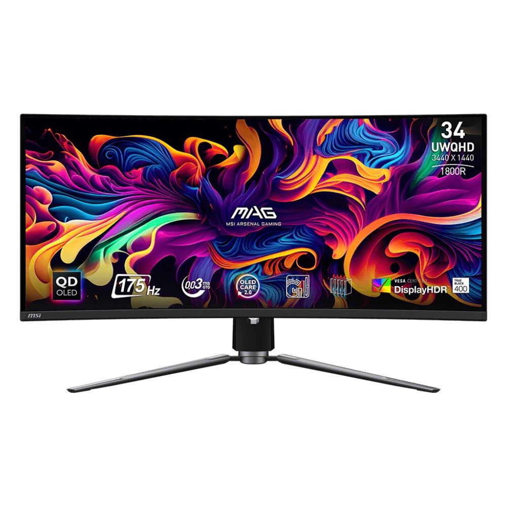 Монитор 34.18" MSI MAG 341CQP QD-OLED Curved QD-OLED, 3440x1440, 175Hz, 0,03ms, 250сd/m, 1500000:1, HDR10 | 2xHDMI(2.1), DP(1.4a), Type-C(PD-15W), 2xUSB2.0 | HAS, Swivel, InPSU, Vesa 100, Black