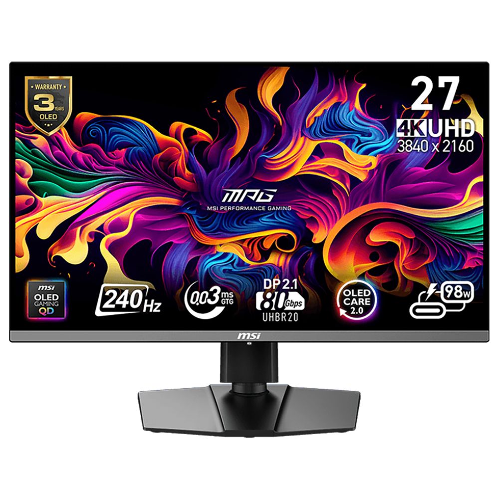 Монитор 26.5" MSI MPG 272URX QD-OLED  QD-OLED, 3840x2160, 240Hz, 0,03ms, 250сd/m, 1500000:1, HDR10 | 2xHDMI(2.1), DP(2.1a), Type-C(PD-98W), 2xUSB3.2 | HAS, Swivel, InPSU, Vesa 100, Black