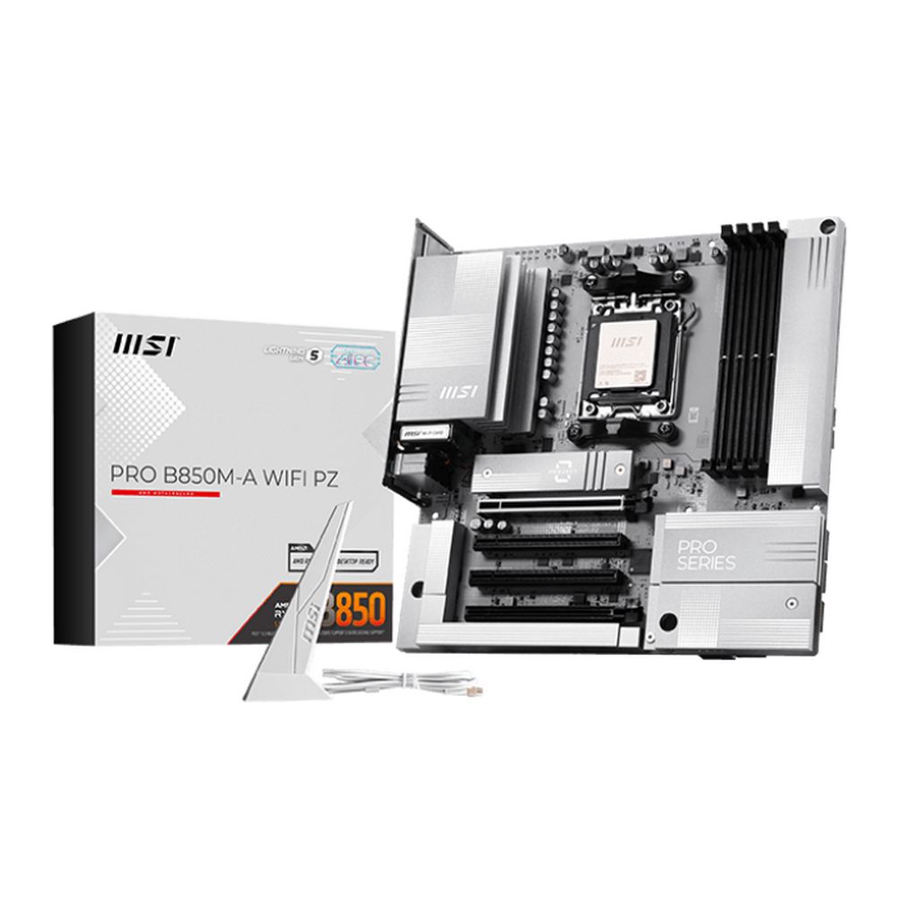 Материнская плата MSI PRO B850M-A WIFI PZ B850, AM5, 4*DDR5, 4*PCIEx16, 2*M.2, 3*TypeC, 3*USB3.2Gen2, 5*USB3.2Gen1, 4*USB2.0, 4*SATA3.0, 5G, DP, HDMI, M-ATX, RTL