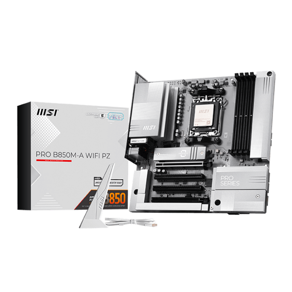 Материнская плата MSI PRO B850M-A WIFI PZ B850, AM5, 4*DDR5, 4*PCIEx16, 2*M.2, 3*TypeC, 3*USB3.2Gen2, 5*USB3.2Gen1, 4*USB2.0, 4*SATA3.0, 5G, DP, HDMI, M-ATX, RTL