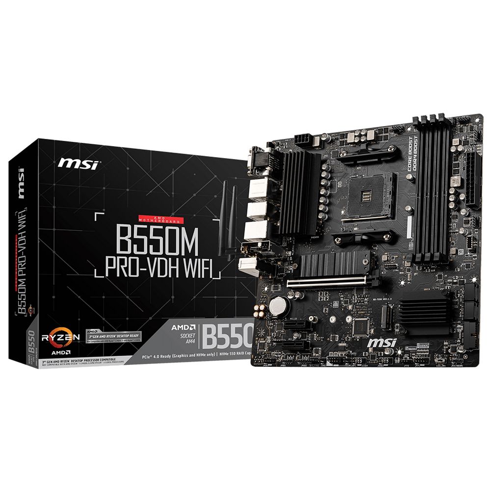 Материнская плата MSI Bad Pack B550M PRO-VDH WIFI B550, AM4, 4*DDR4, 1*PCIEx16, 2*PCIEx1, 2*M.2, 1*TypeC, 6*USB3.2Gen1, 6*USB2.0, 4*SATA3.0, 1G, VGA, DP, HDMI, M-ATX, RTL