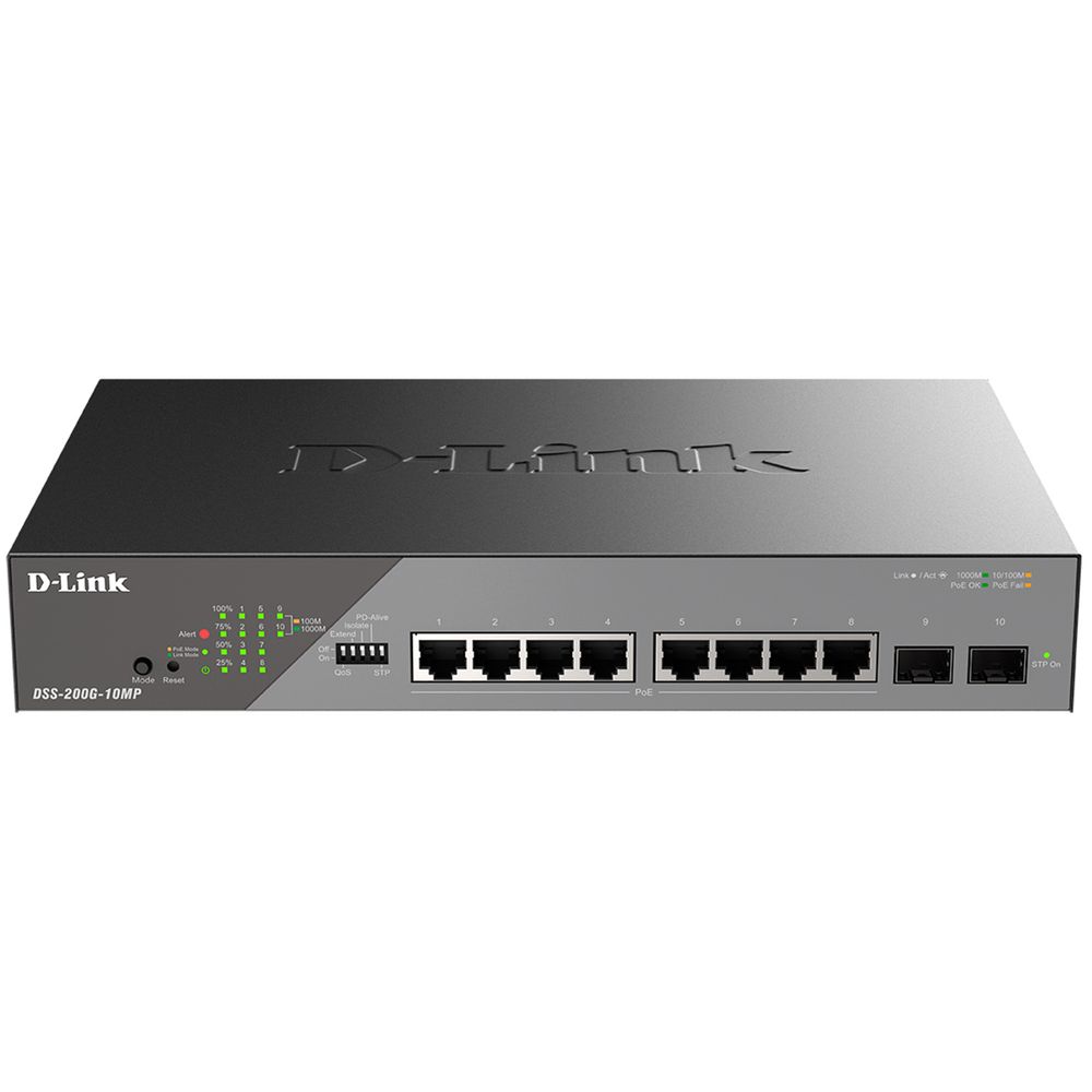 Коммутатор D-Link DSS-200G-10MP/A1A Управляемый L2 коммутатор с 8 портами 10/100/1000Base-T, 2 портами 1000Base-X SFP и DIP-переключателем (8 портов PoE 802.3af/at, PoE-бюджет 130 Вт, дальность до 250 м)