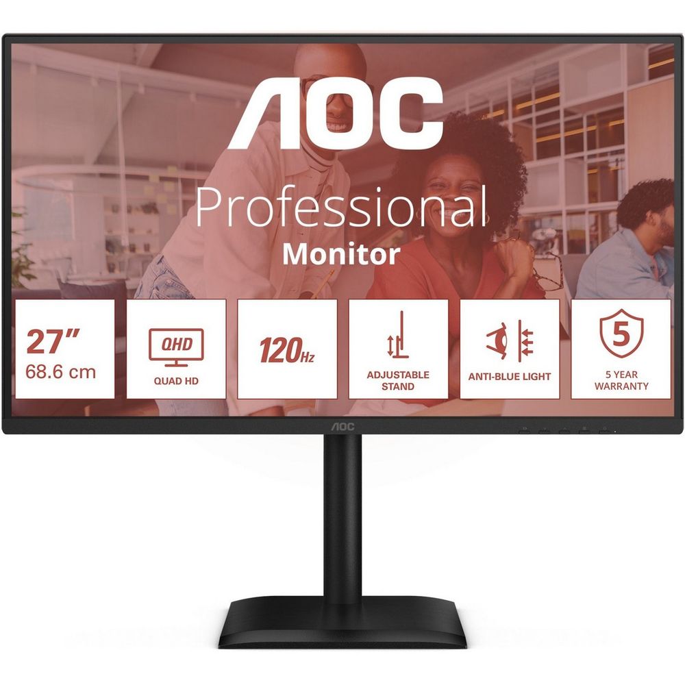 Монитор 27" AOC Q27E4CV  IPS, 2560x1440, 120Hz, 4ms, 350сd/m, 1500:1 | HDMI(2.0), DP(1.4), Type-C(PD-90W), 4xUSB 3.2, RJ45 | HAS, Pivot, Swivel, InPSU, Speakers, Vesa 100, Black
