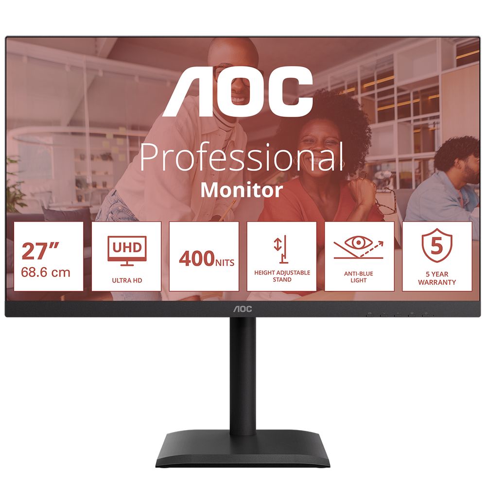 Монитор 27" AOC U27E4CV  IPS, 3840x2160, 60Hz, 4ms, 400сd/m, 1200:1 | 2xHDMI(2.1), DP(1.4), Type-C(PD-90W), 4xUSB 3.2, RJ45 | HAS, Pivot, Swivel, InPSU, Speakers, Vesa 100, Black