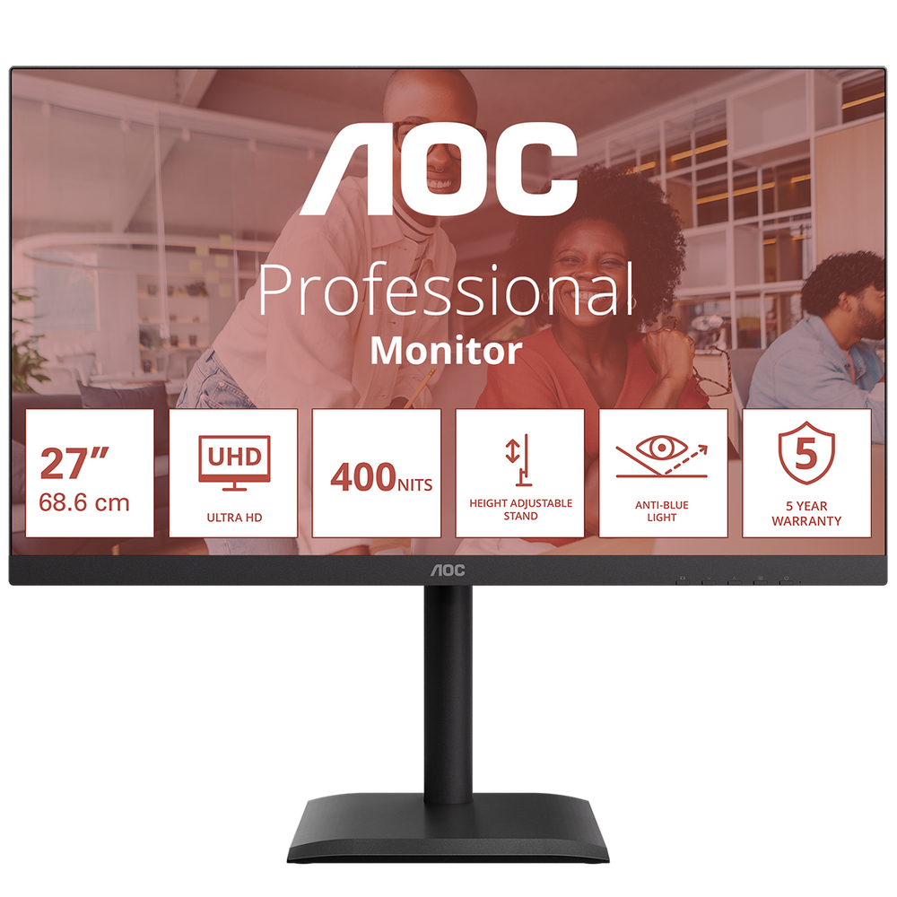 Монитор 27" AOC U27E4CV  IPS, 3840x2160, 60Hz, 4ms, 400сd/m, 1200:1 | 2xHDMI(2.1), DP(1.4), Type-C(PD-90W), 4xUSB 3.2, RJ45 | HAS, Pivot, Swivel, InPSU, Speakers, Vesa 100, Black