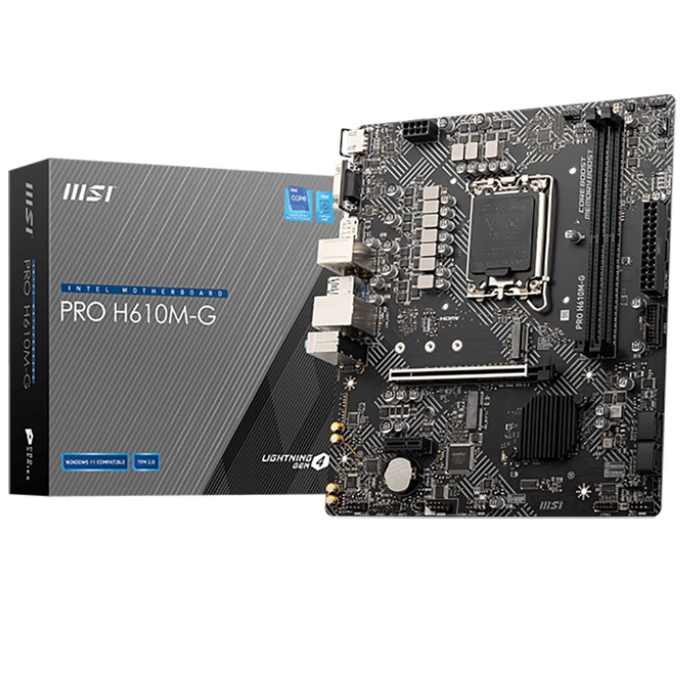 Материнская плата MSI PRO H610M-G H610, LGA1700, 2*DDR5, 1*PCIEx16, 1*PCIEx1, 1*M.2, 4*USB3.2Gen1, 6*USB2.0, 4*SATA3.0, 1G, VGA, DP, HDMI, M-ATX,  BULK