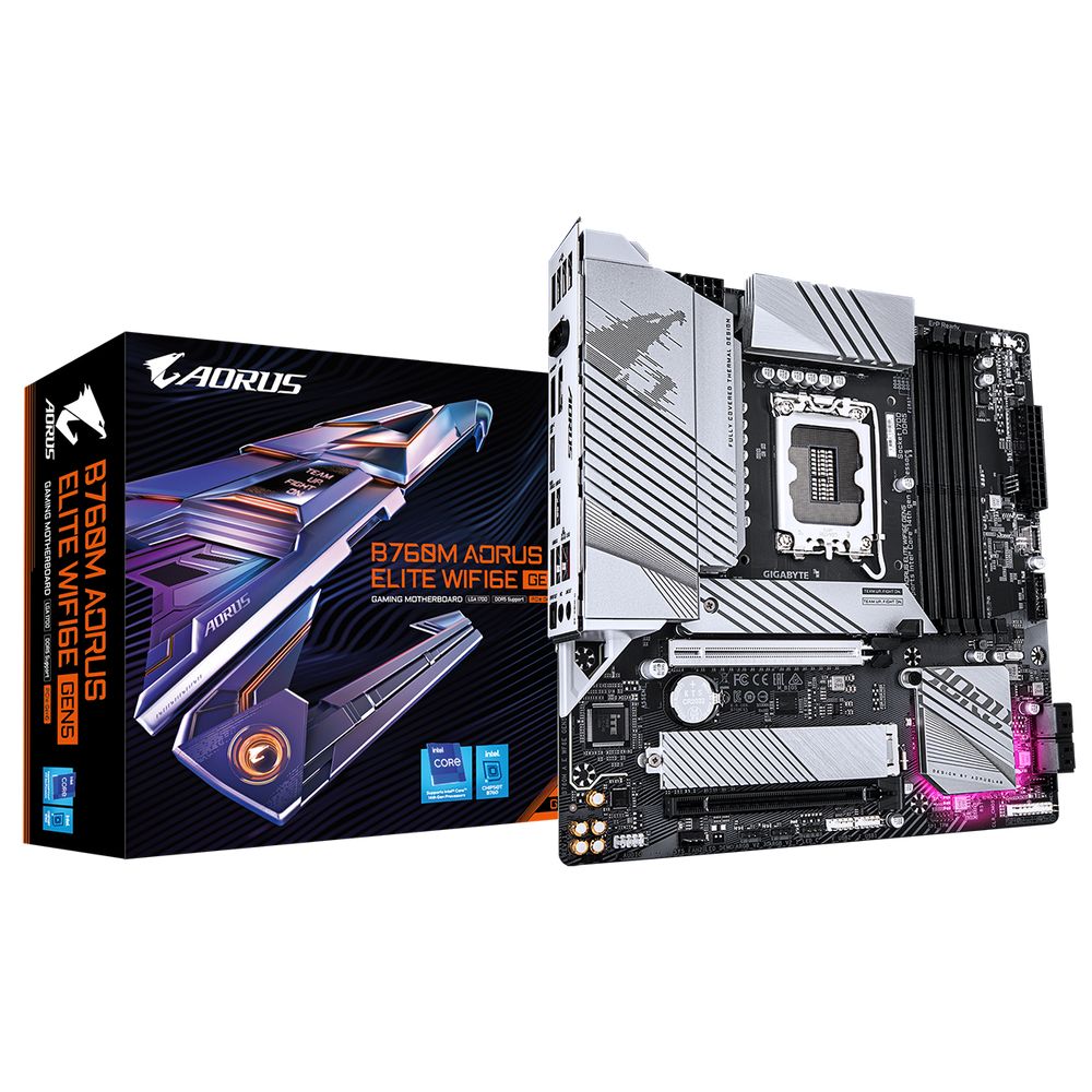 Материнская плата Gigabyte B760M AORUS ELITE WIFI6E GEN5, Socket 1700, Intel®B760, 4xDDR5-4800, HDMI+DP, 2xPCI-Ex16, 4xSATA3(RAID 0/1/5/10), 2xM.2, 8Ch Audio, 1x2.5GLan, WiFi, (4+4)xUSB2.0, (4+2)xUSB3.2, (1+1)xUSB3.2 Type-C™, mATX, RTL