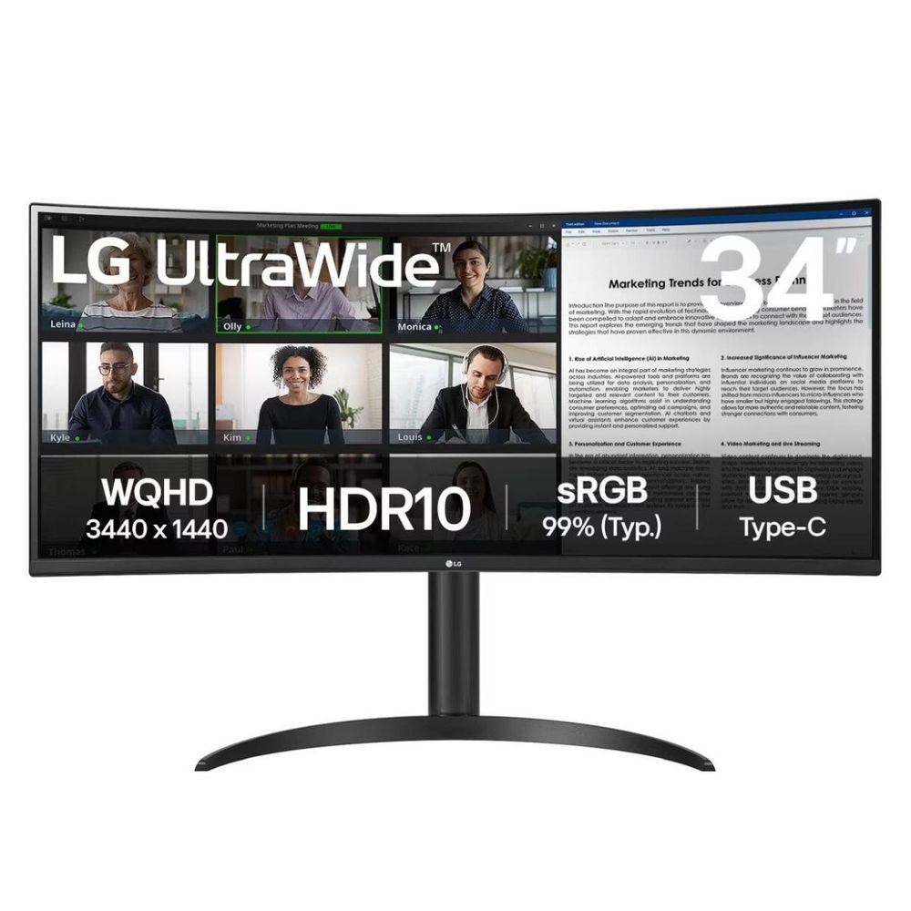 Монитор 34" LG 34WR55QK-B Black (VA, 3440x1440, HDMI+HDMI+DP+Type C, USB Hub, 5 ms, 178°/178°, 300 cd/m, 3000:1, 100Hz, Curved 1800R)