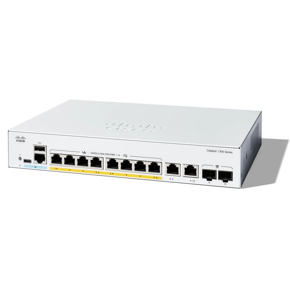 Коммутатор CISCO Catalyst 1300 8x10/100/1000 RJ-45 PoE+, 2x1Gb Combo uplinks, PoE+ 67W, Fanless, Ext Power Supply, C1300-8P-E-2G