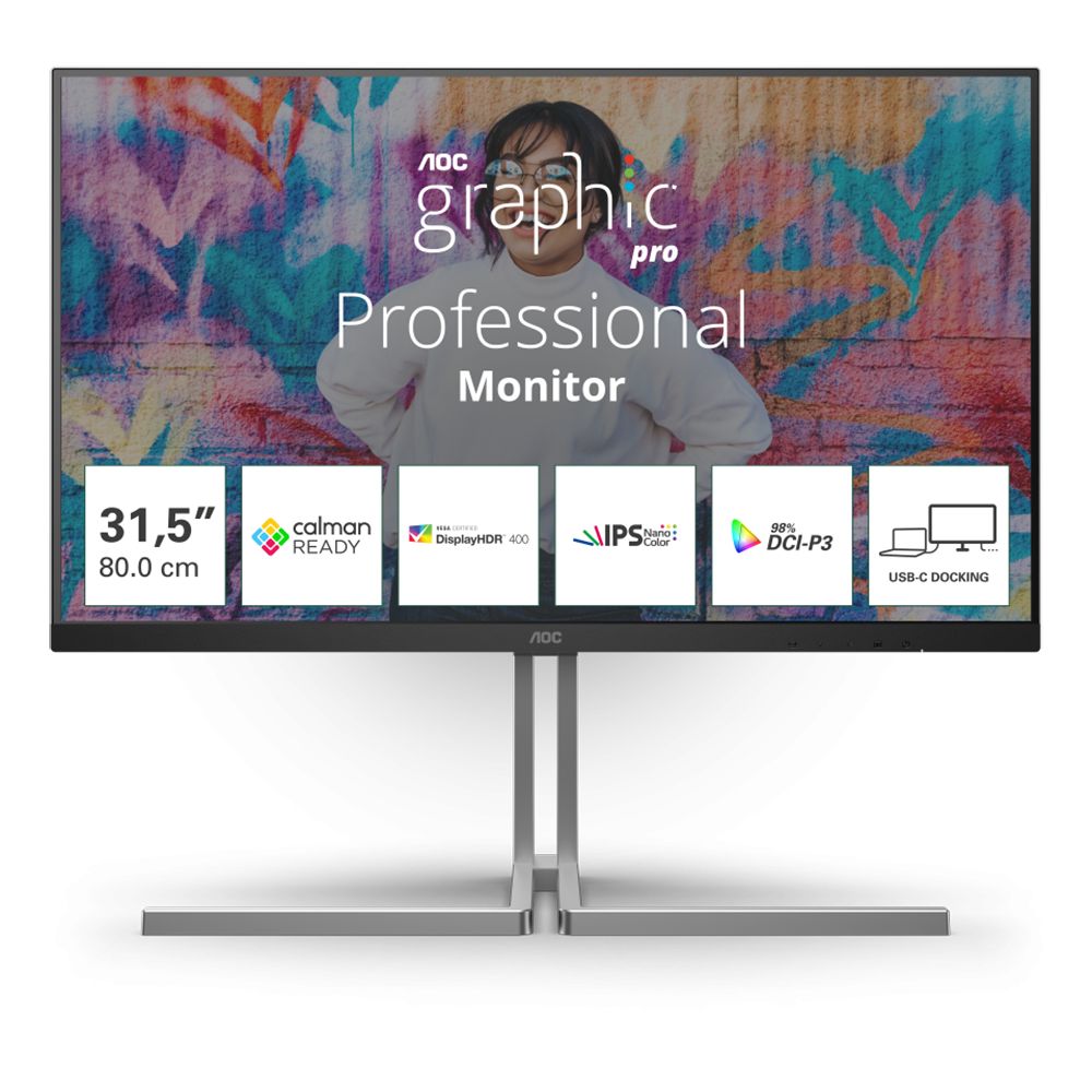 Монитор 31.5" AOC U32U3CV  IPS, 3840x2160, 60Hz, 4ms, 400сd/m, 1000:1, HDR10 | 2xHDMI(2.0), DP(1.4), Type-C(PD-96W), 4xUSB 3.2, RJ45 | HAS, InPSU, Speakers, Vesa 100, Black/Grey