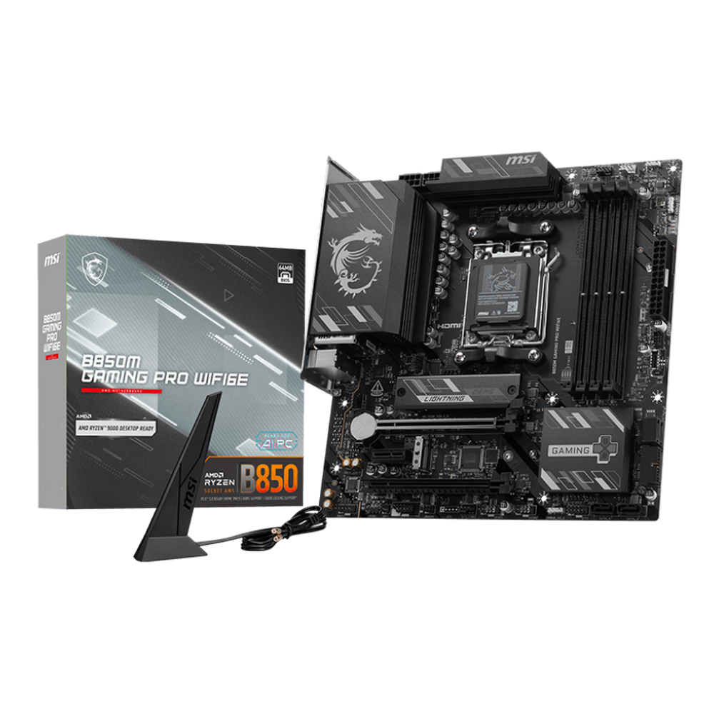Материнская плата MSI B850M GAMING PRO WIFI6E B850, AM5, 4*DDR5, 4*PCIEx16, 2*M.2, 2*TypeC, 3*USB3.2Gen2, 6*USB3.2Gen1, 4*USB2.0, 4*SATA3.0, 2.5G, DP, HDMI, mATX, RTL