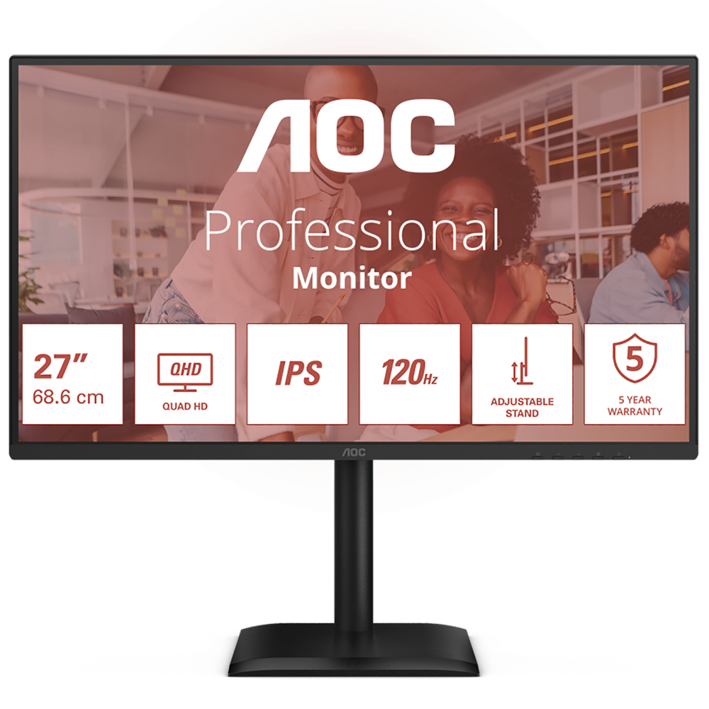 Монитор 27" AOC Q27E4U  IPS, 2560x1440, 120Hz, 4ms, 350сd/m, 1500:1 | HDMI(2.0), DP(1.4), 4xUSB 3.2 | HAS, Pivot, Swivel, InPSU, Speakers, Vesa 100, Black