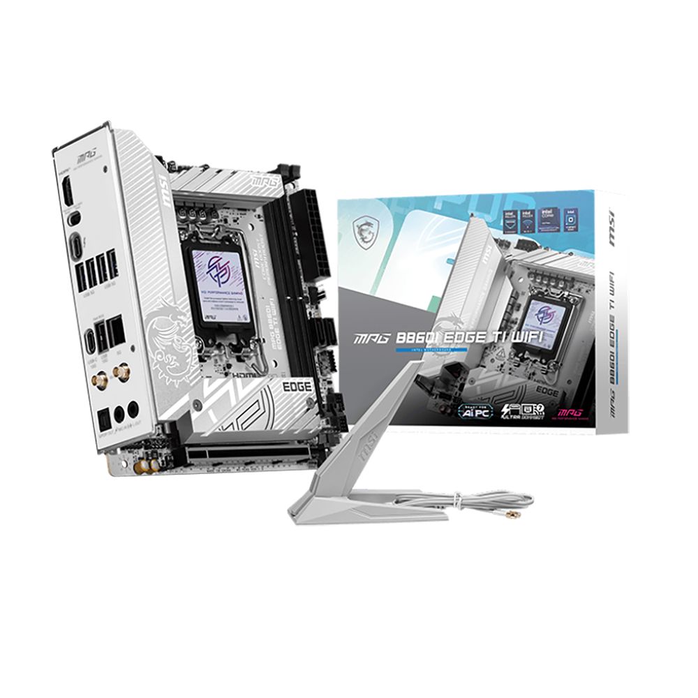 Материнская плата MSI MPG B860I EDGE TI WIFI B860, LGA1851, 2*DDR5, 1*PCIEx16, 2*M.2, 2*TypeC, 1*USB3.2Gen2, 6*USB3.2Gen1, 2*USB2.0, 2*SATA3.0, 2.5G, Type-C(DP), HDMI, ITX, RTL