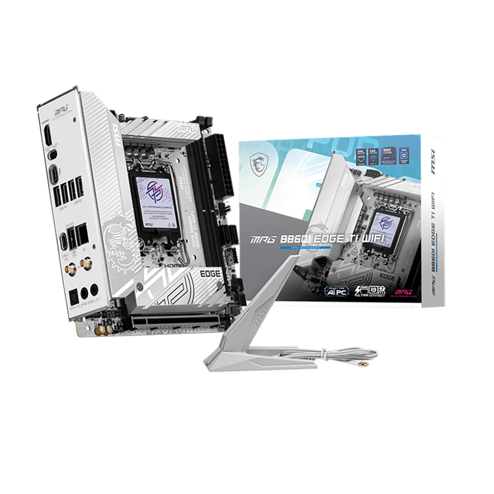 Материнская плата MSI MPG B860I EDGE TI WIFI B860, LGA1851, 2*DDR5, 1*PCIEx16, 2*M.2, 2*TypeC, 1*USB3.2Gen2, 6*USB3.2Gen1, 2*USB2.0, 2*SATA3.0, 2.5G, Type-C(DP), HDMI, ITX, RTL