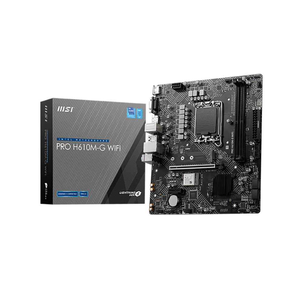 Материнская плата MSI PRO H610M-G WIFI H610, LGA1700, 2*DDR5, 1*PCIEx16, 1*PCIEx1, 1*M.2, 4*USB3.2Gen1, 6*USB2.0, 4*SATA3.0, 1G, VGA, DP, HDMI, M-ATX, RTL