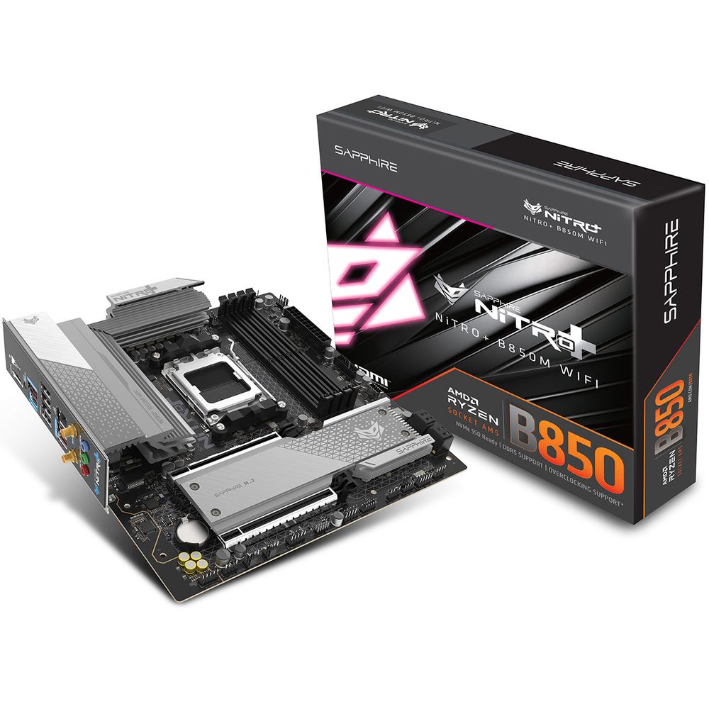 Материнская плата Sapphire B850M NITRO+ WIFI B850, AM5, 4*DDR5, 2*PCIEx16, 2*M.2, 2*TypeC, 3*USB3.2Gen2, 2*USB3.2Gen1, 6*USB2.0, 4*SATA3.0, 2.5G, DP, HDMI, M-ATX, RTL