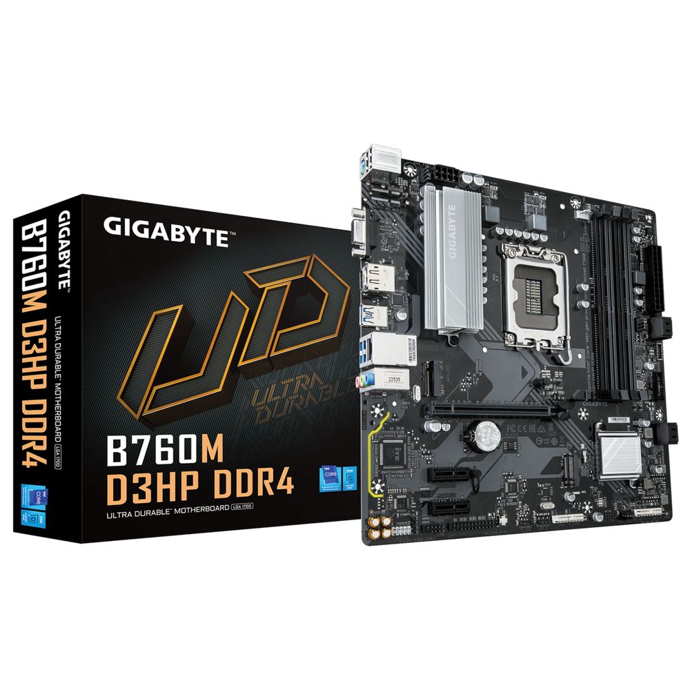 Материнская плата Gigabyte Bad Pack B760M D3HP DDR4, Socket 1700, Intel®B760, 4xDDR4-3200, D-SUB+HDMI+DP, 1xPCI-Ex16, 2xPCI-Ex1, 4xSATA3(RAID 0/1/5/10), 2xM.2, 8Ch Audio, GLan, (2+4)xUSB2.0, (3+2)xUSB3.2, (0+1)xUSB3.2 Type-C™, 1xPS/2, ATX, RTL bp