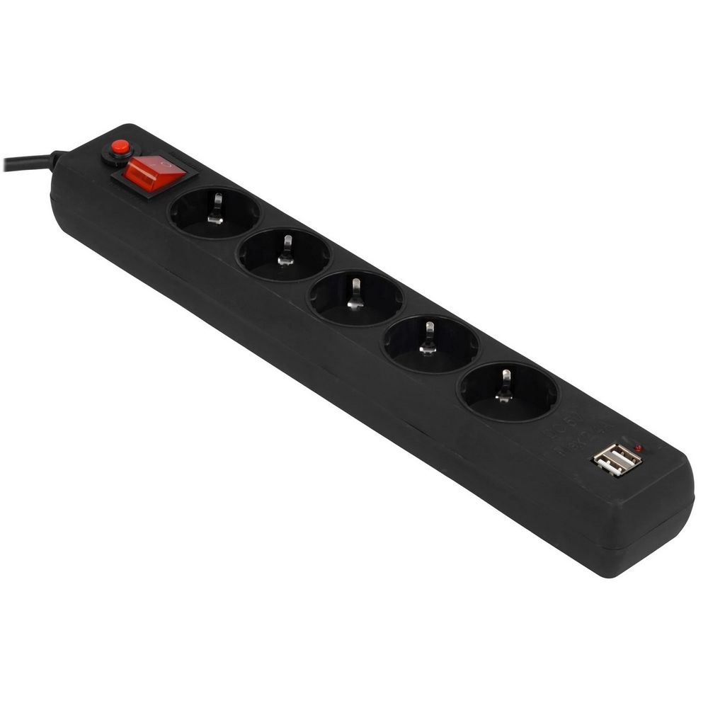 Сетевой фильтр Гарнизон ECL-5-U2-B-1.8 черный, 2 розетки USB A (12 Вт Max), 5 розеток Schuko (евро), 10А, 1,8м, ур.защиты 4, пакет