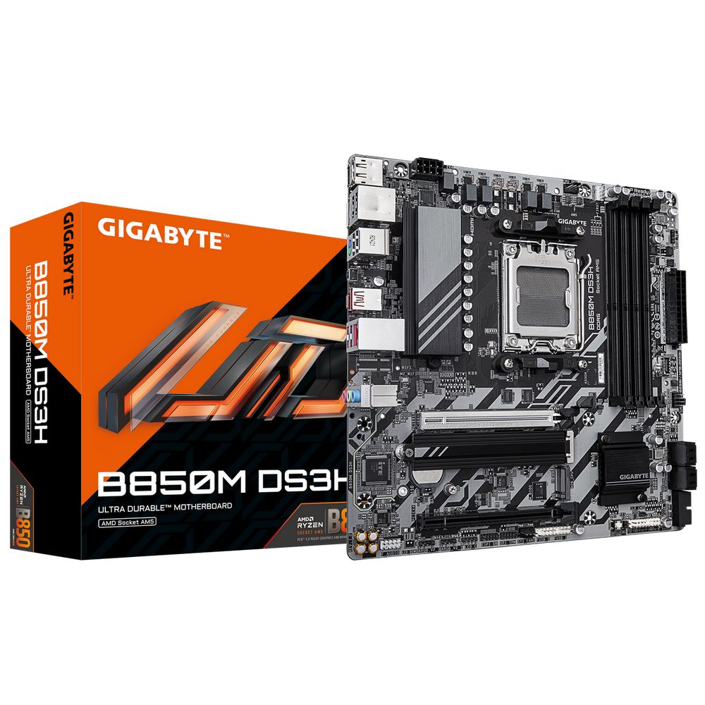 Материнская плата Gigabyte Bad Pack B850M DS3H, Socket AM5, AMD B850, 4xDDR5-5200, HDMI+DP+DP, 2xPCI-Ex16, 4xSATA3(RAID 0/1/10), 2xM.2, 8 Ch Audio, 1x2,5GLan, (4+4)xUSB2.0, (3+2)xUSB3.2, (1+1)xUSB Type-C™, 1xPS/2, mATX, RTL