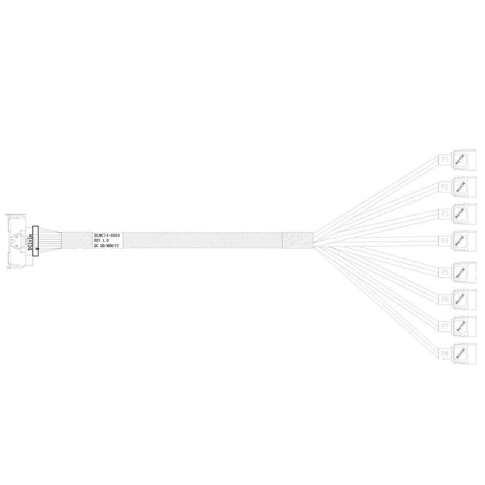 Кабель DiliVing DLMC74-8884 Cable MCIO x8 74P (прямой)  -TO-  8x SATA 7P (прямой), 85 Ohm, 12G, L:75cm