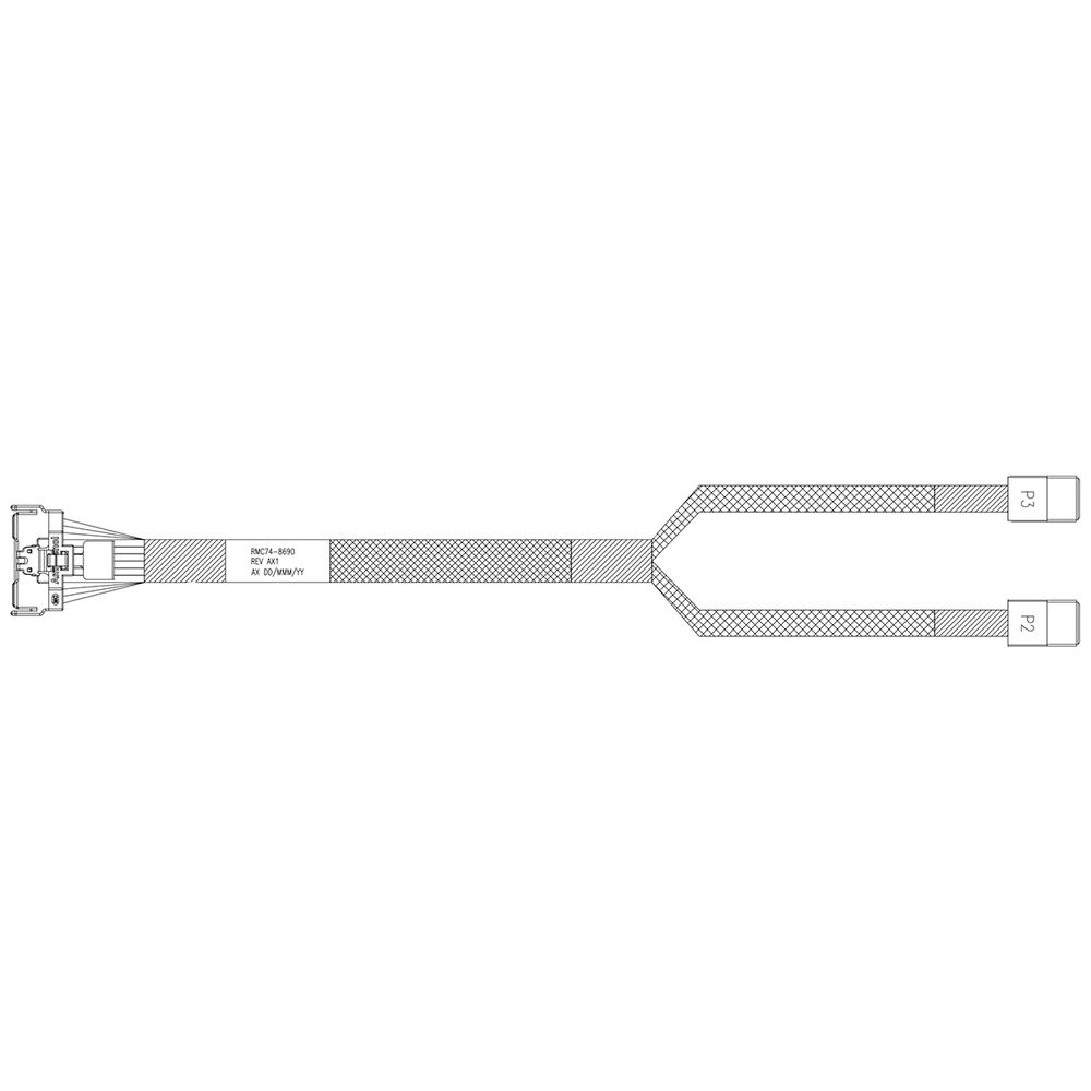 Кабель Amphenol RMC74-8690 Cable MCIO x8 74P (прямой)  -TO-  2x HD MiniSAS 4i 36P (SFF8643 прямой) , 85 Ohm, SAS 4.0 / PCIe 4.0, L:80cm